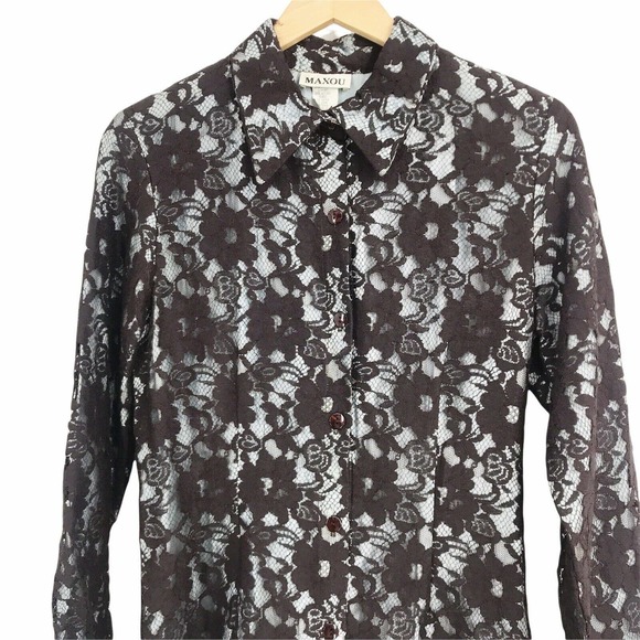 VINTAGE MAXOU WOMNEN'S SIZE 10 BROWN LONG SLEEVE BUTTON FRONT FLORAL LACE DRESS - Picture 3 of 8